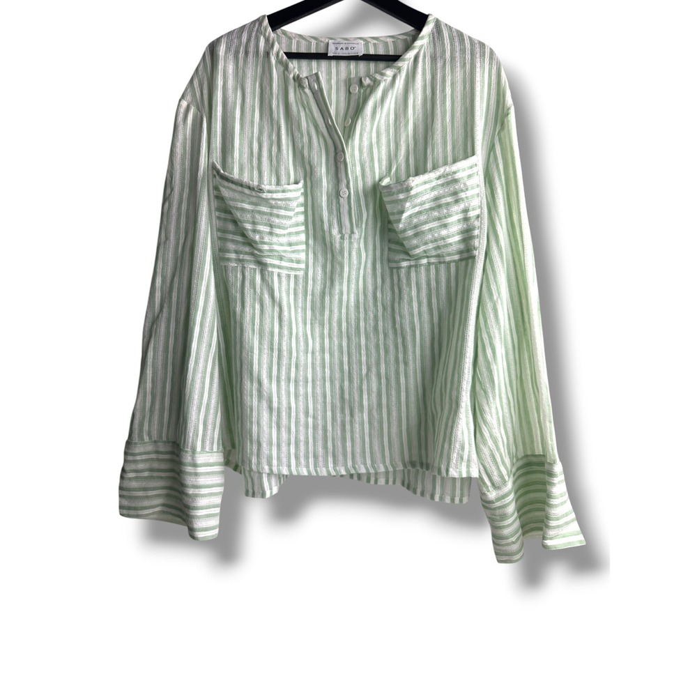 Sabo Striped Henley Top Womens L Green White Cotton Long Sleeve Pocket Blouse